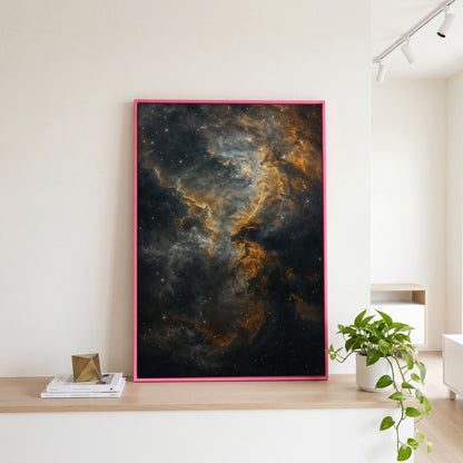 Dark Gold Nebula Canvas Print in pink floating frame