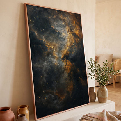 Dark Gold Nebula Canvas Print in rose gold floating frame