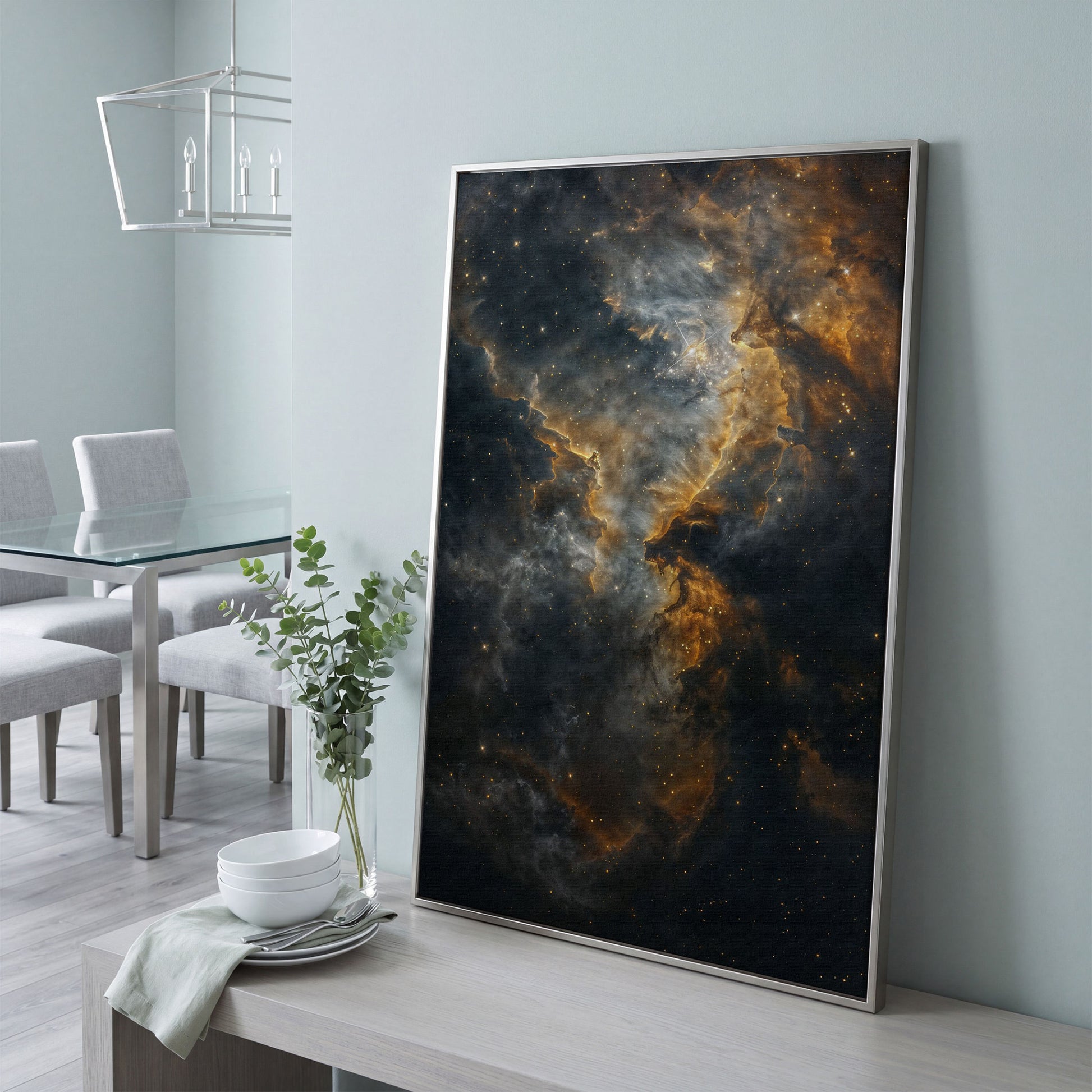 Dark Gold Nebula Canvas Print in silver floating frame