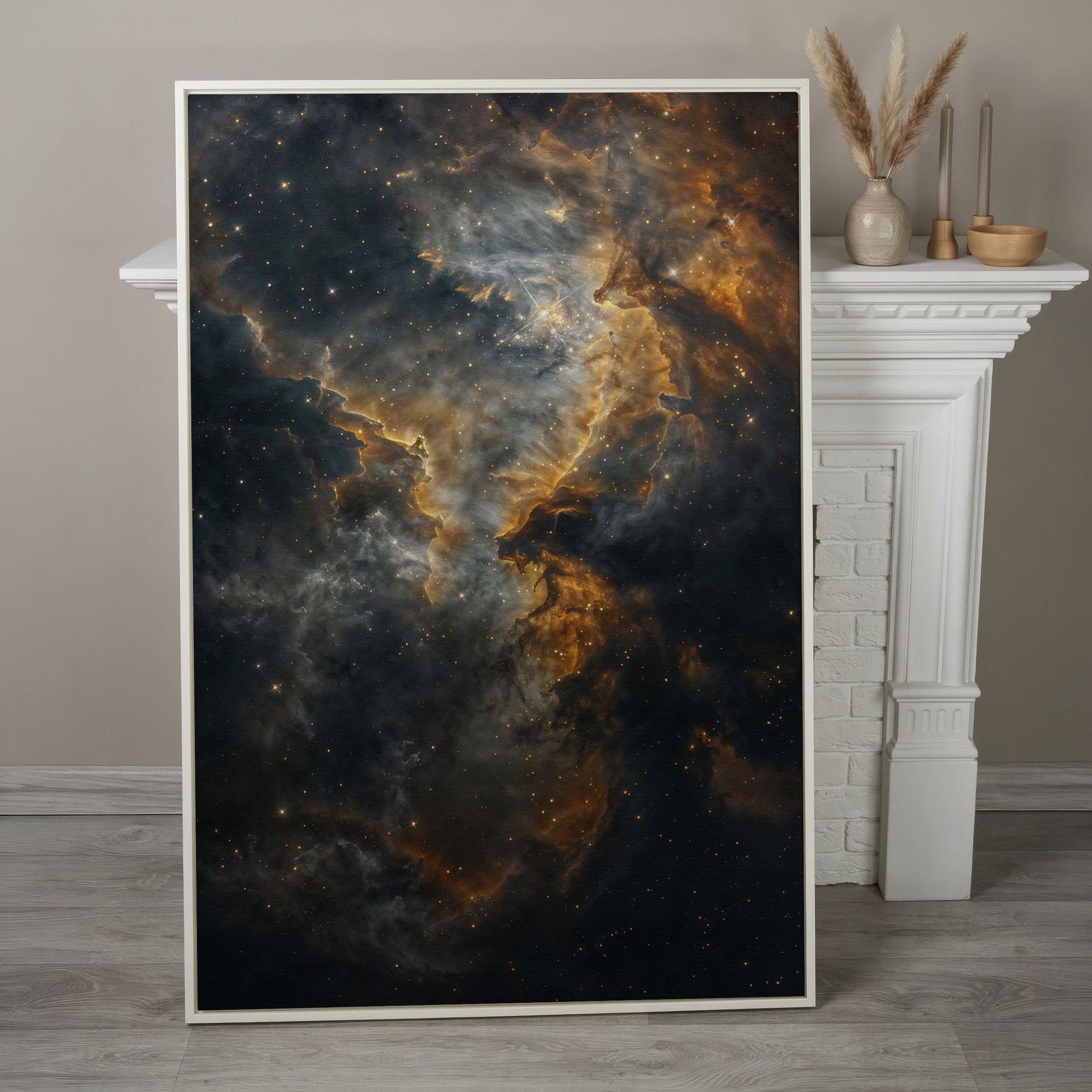 Dark Gold Nebula Canvas Print in white floating frame