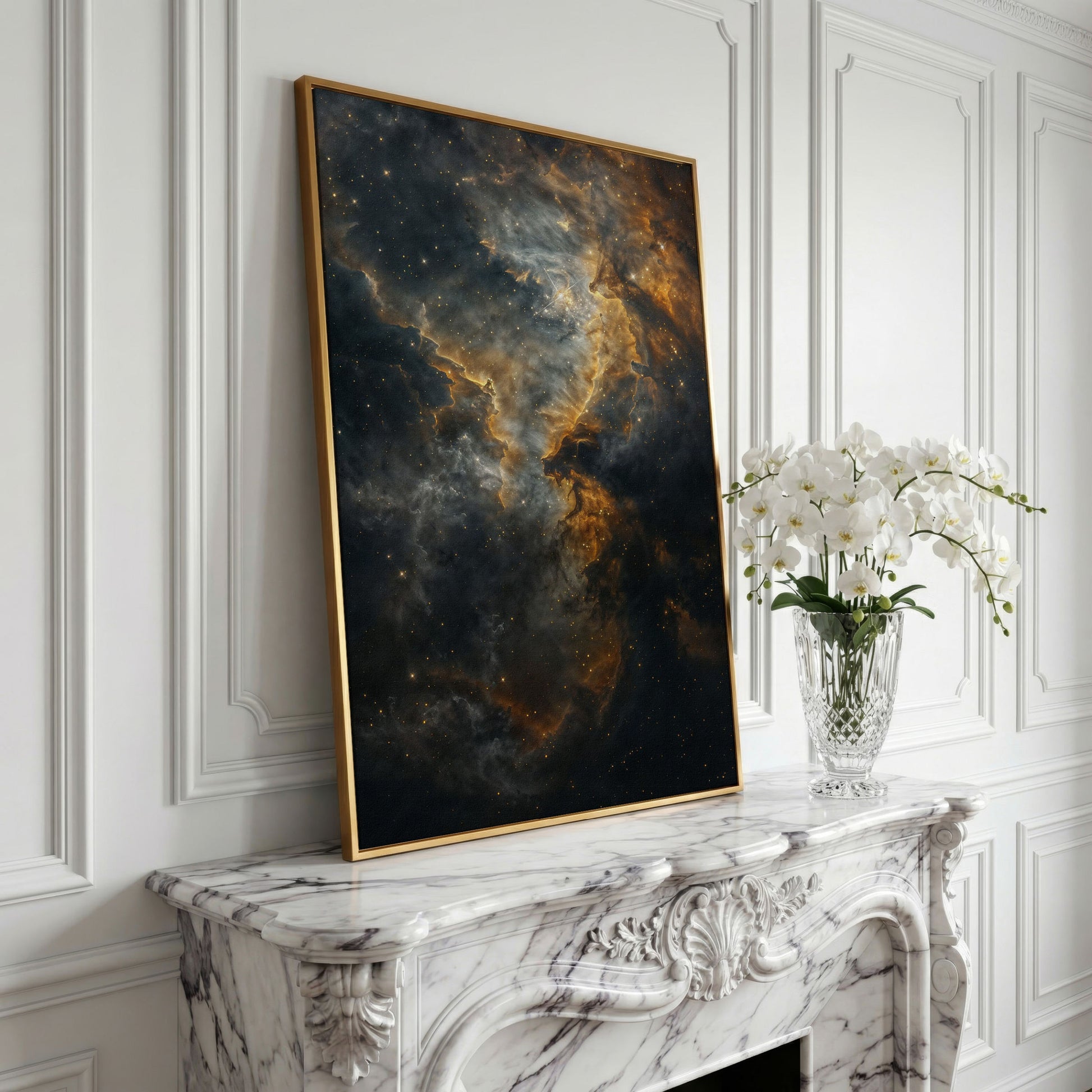 Dark Gold Nebula Canvas Print in yellow gold floating frame