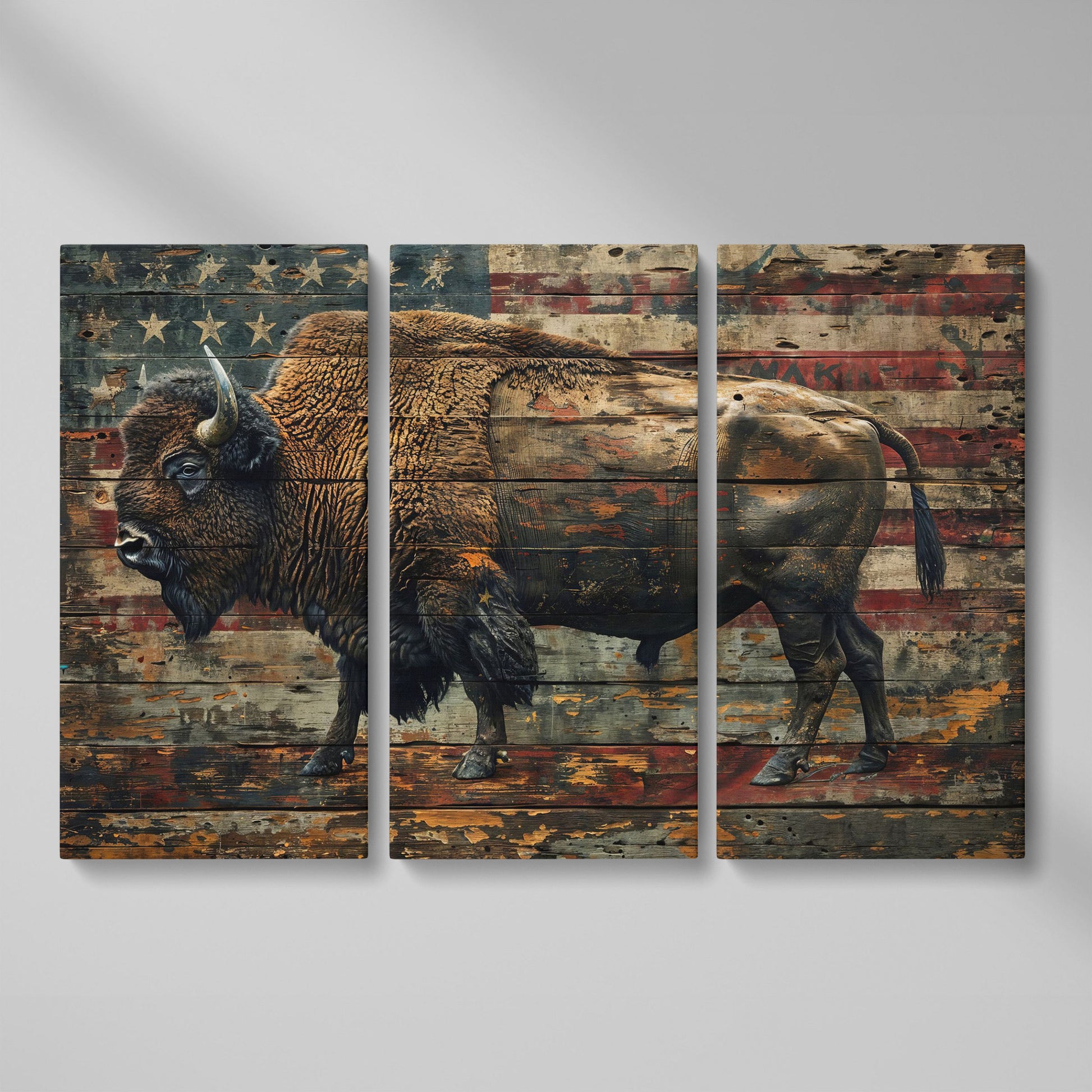 American Bison with Flag Canvas as 3-panel split version