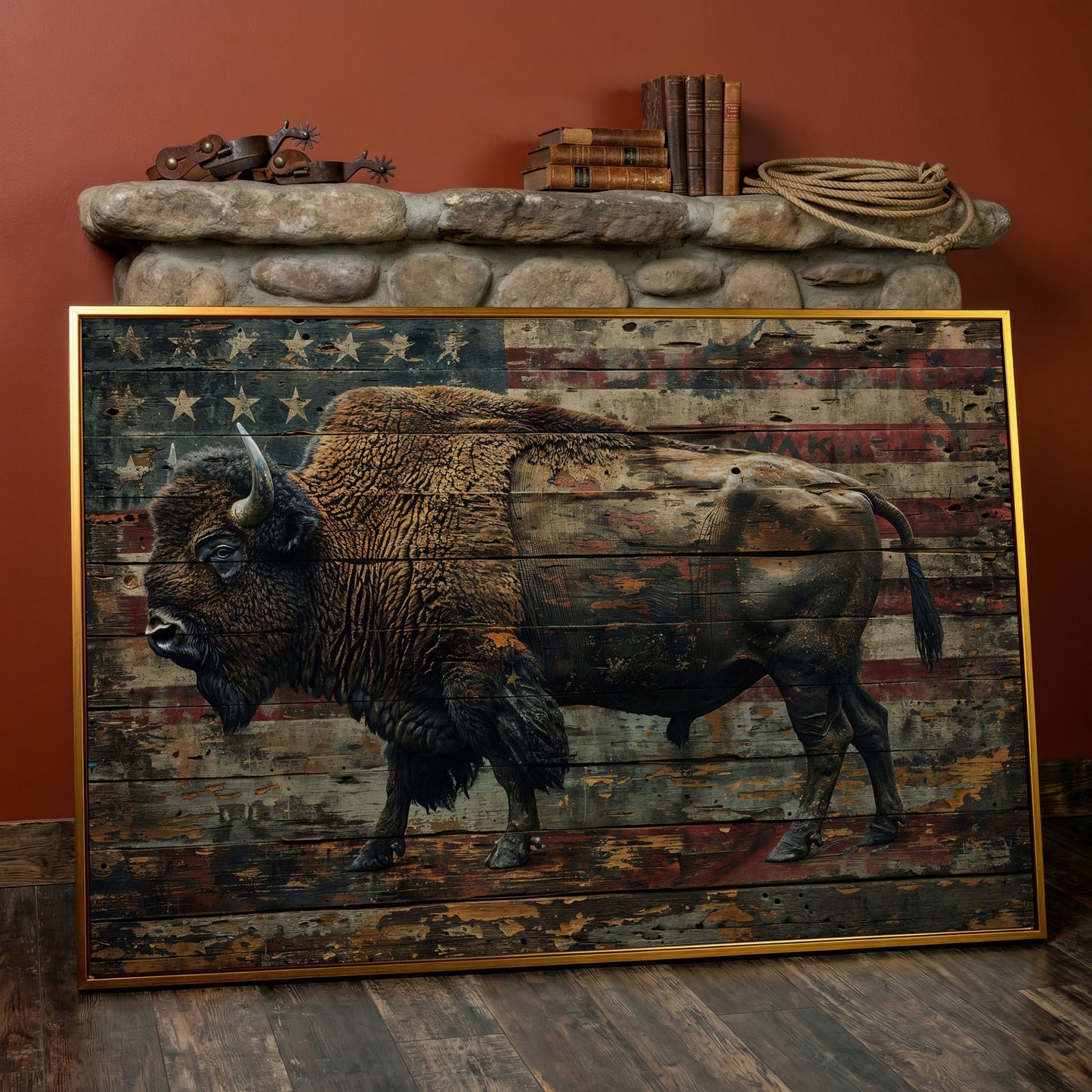 American Bison with Flag Canvas in antique gold floating frame