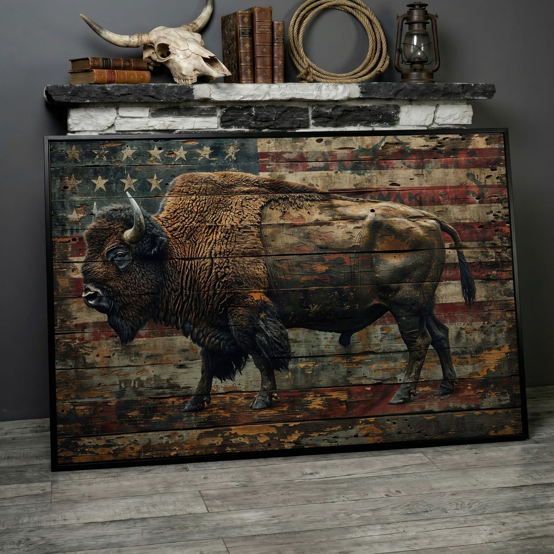 American Bison with Flag Canvas in black floating frame