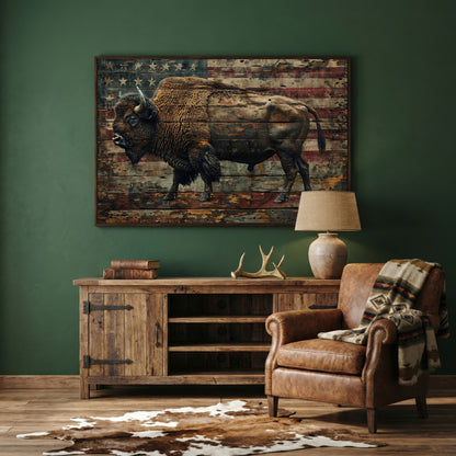 American Bison with Flag Canvas in dark walnut floating frame