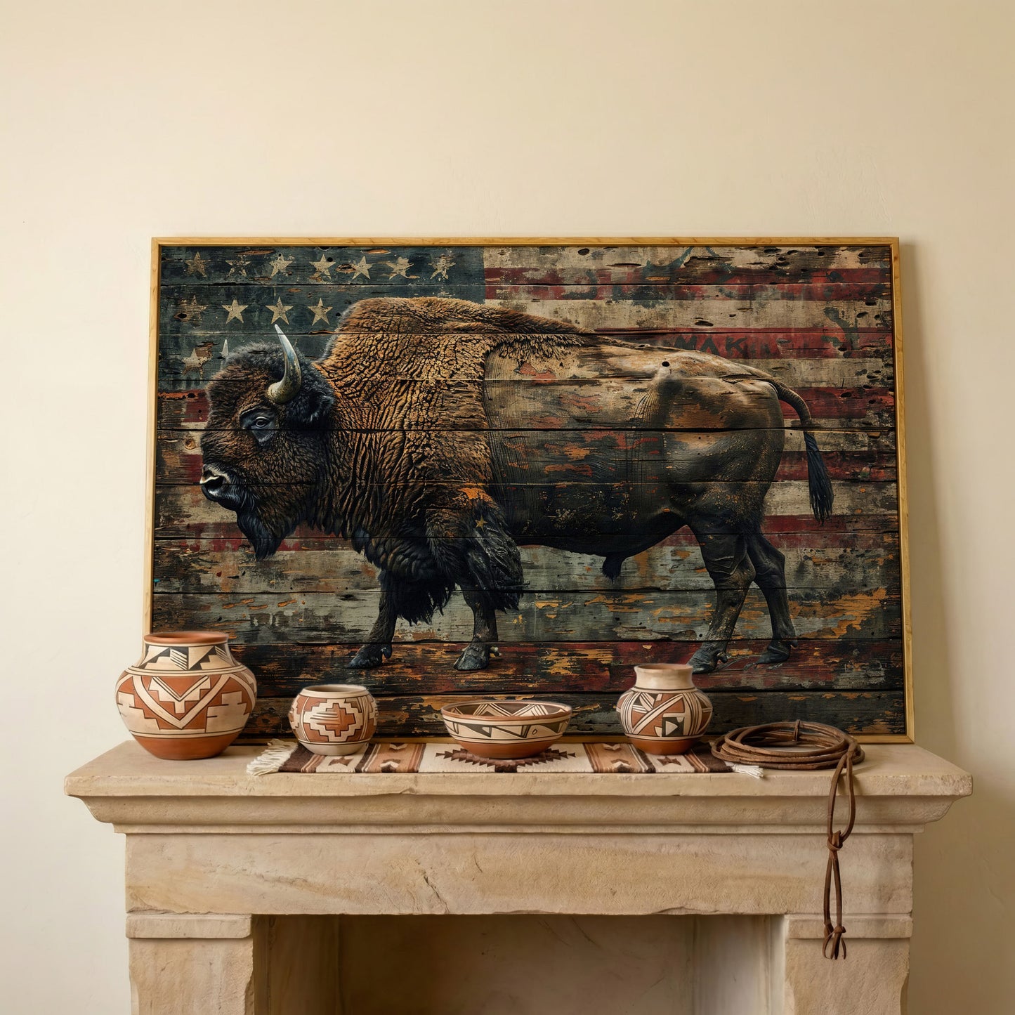 American Bison with Flag Canvas in white oak floating frame