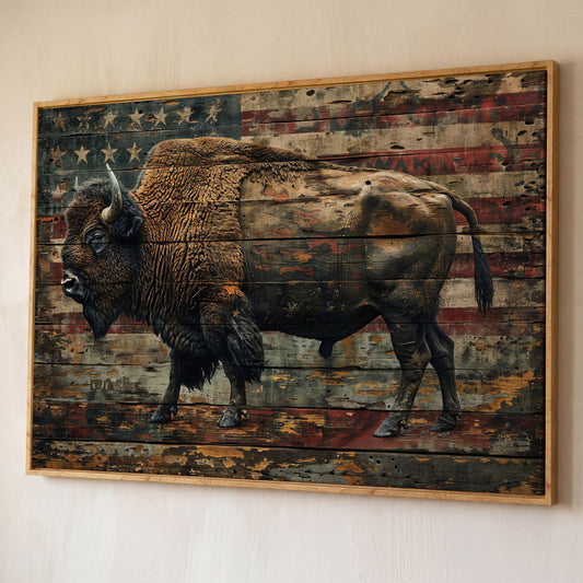American Bison with Flag Canvas shown in white oak floating frame