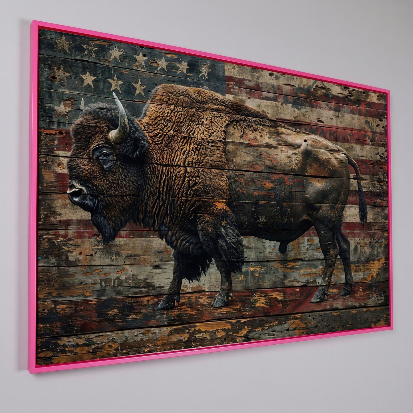 American Bison with Flag Canvas in pink floating frame