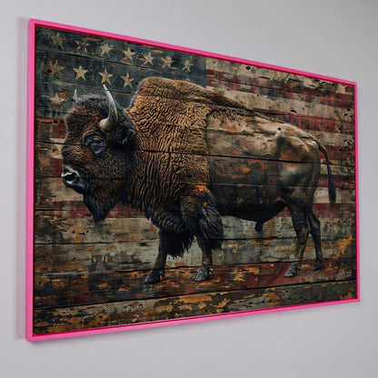 American Bison with Flag Canvas in pink floating frame