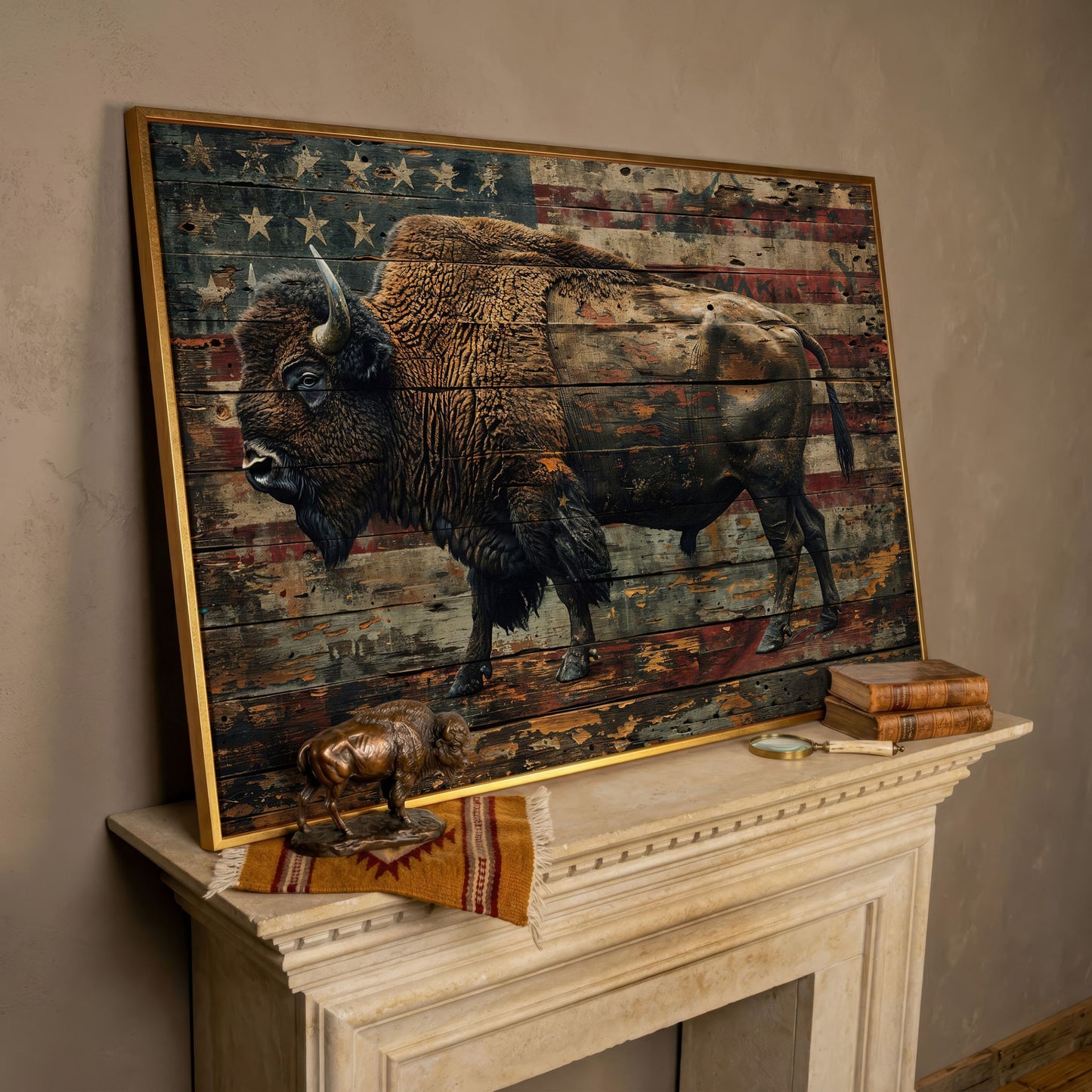 American Bison with Flag Canvas in rose gold floating frame