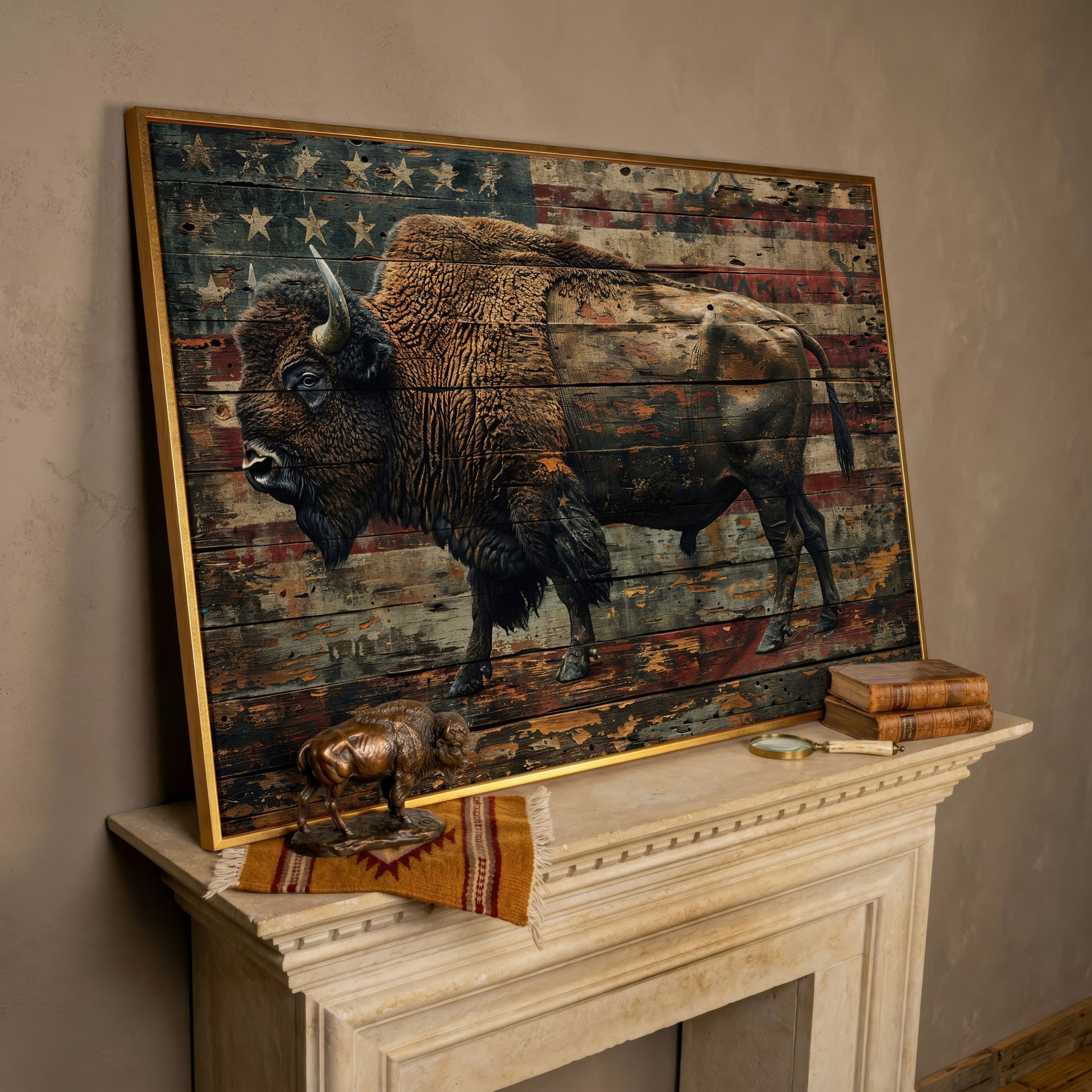 American Bison with Flag Canvas in rose gold floating frame