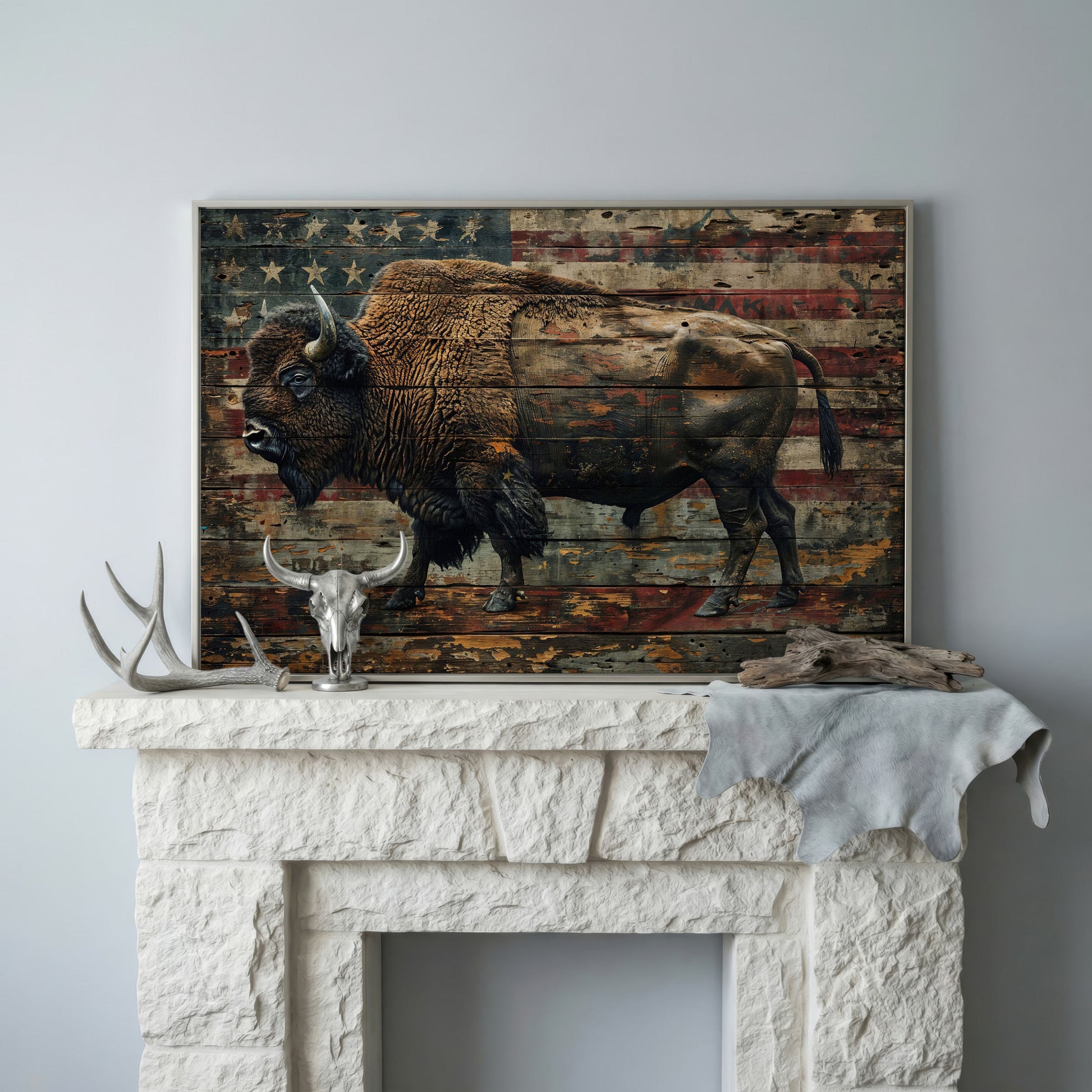 American Bison with Flag Canvas in silver floating frame