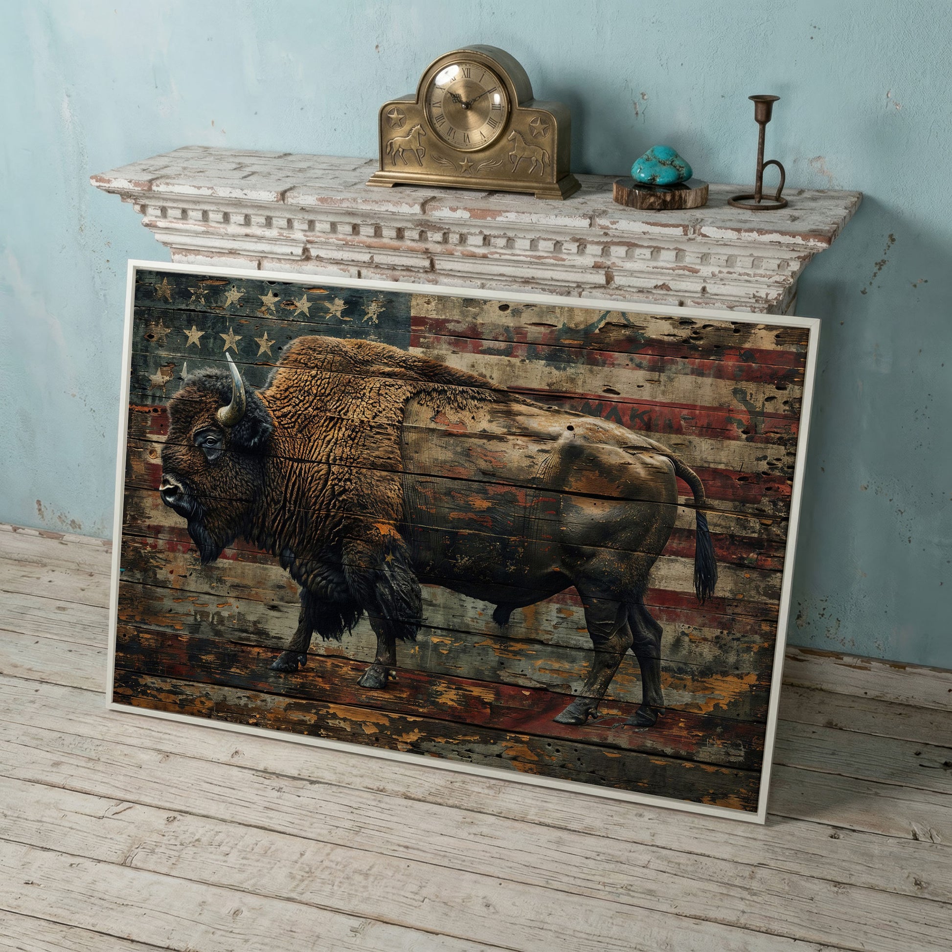 American Bison with Flag Canvas in white floating frame