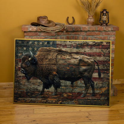 American Bison with Flag Canvas in yellow gold floating frame