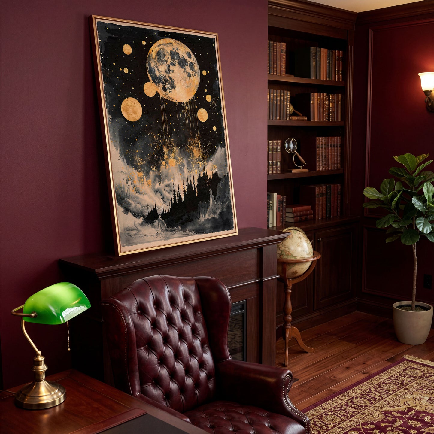 Golden Moon Over Dark Forest. Mystical Night Sky Canvas Art in antique gold floating frame