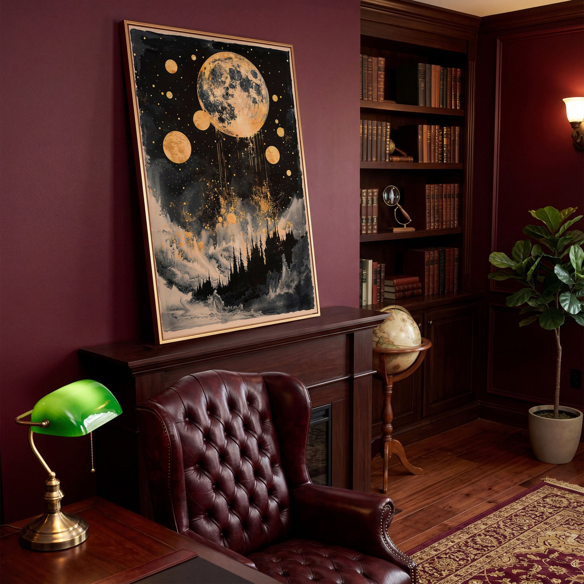 Golden Moon Over Dark Forest. Mystical Night Sky Canvas Art in antique gold floating frame