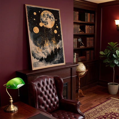 Golden Moon Over Dark Forest. Mystical Night Sky Canvas Art in antique gold floating frame
