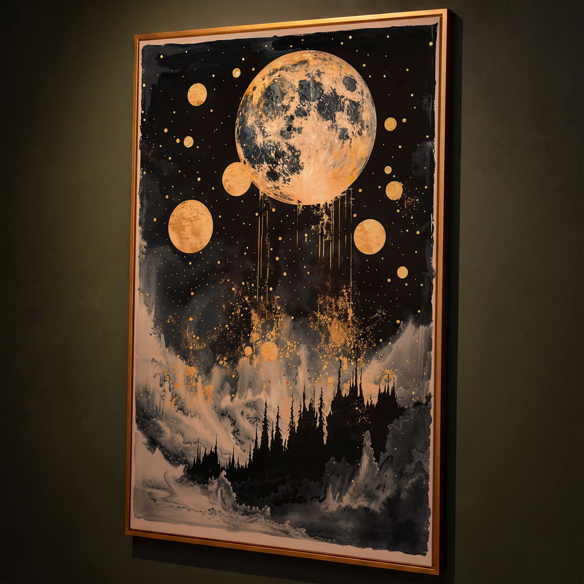 Golden Moon Over Dark Forest. Mystical Night Sky Canvas Art shown in antique gold floating frame