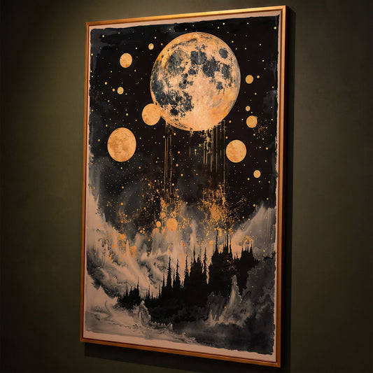 Golden Moon Over Dark Forest. Mystical Night Sky Canvas Art shown in antique gold floating frame
