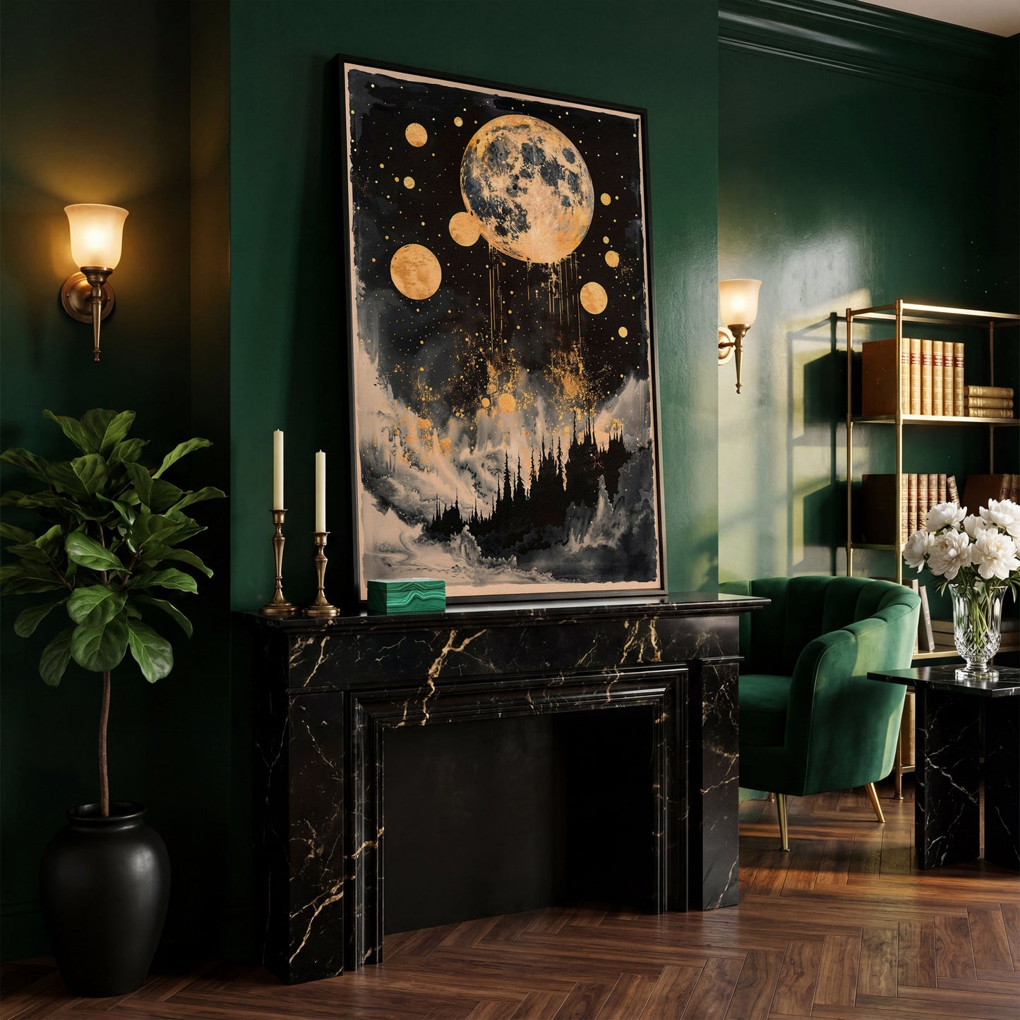 Golden Moon Over Dark Forest. Mystical Night Sky Canvas Art in black floating frame