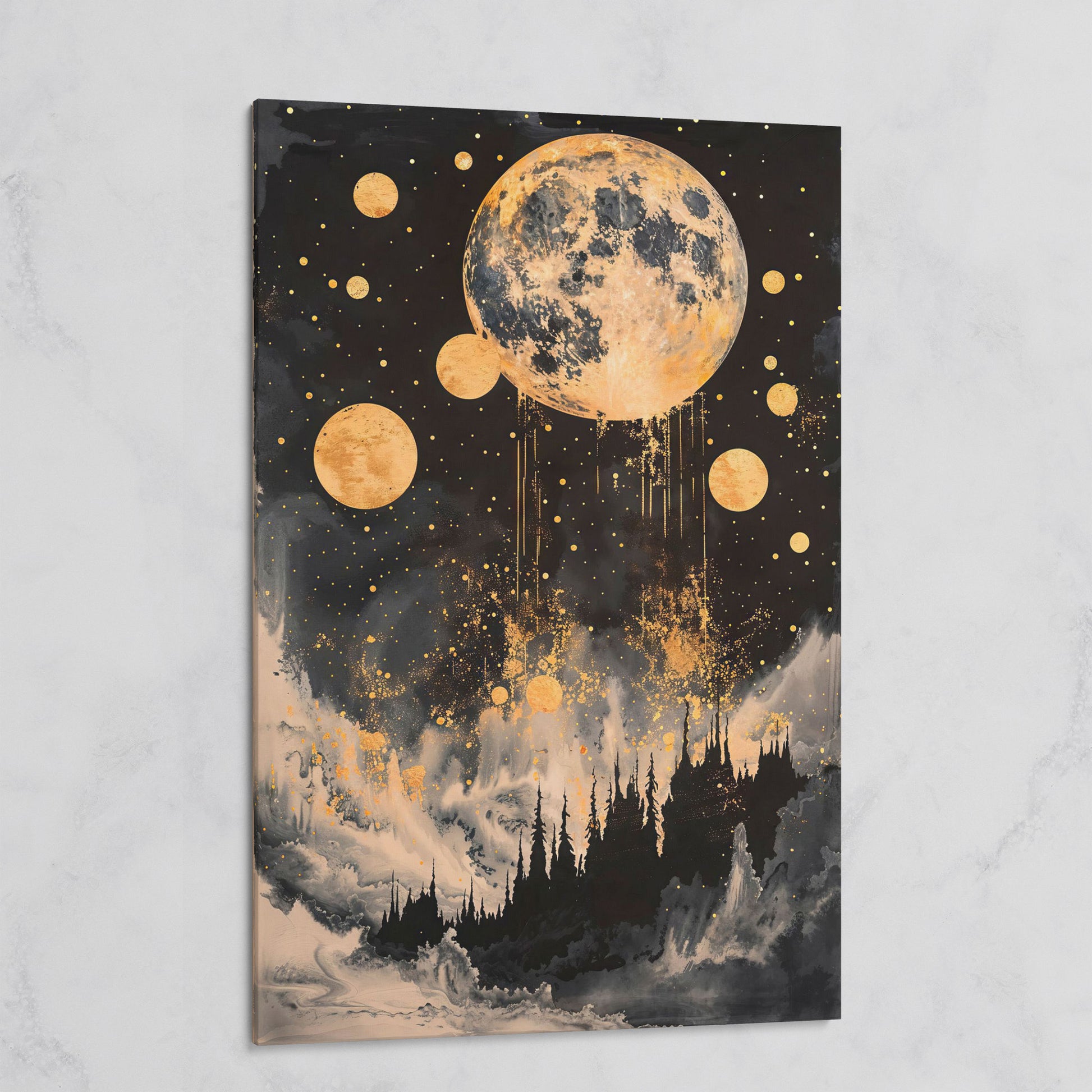 Golden Moon Over Dark Forest. Mystical Night Sky Canvas Art on gallery wrap