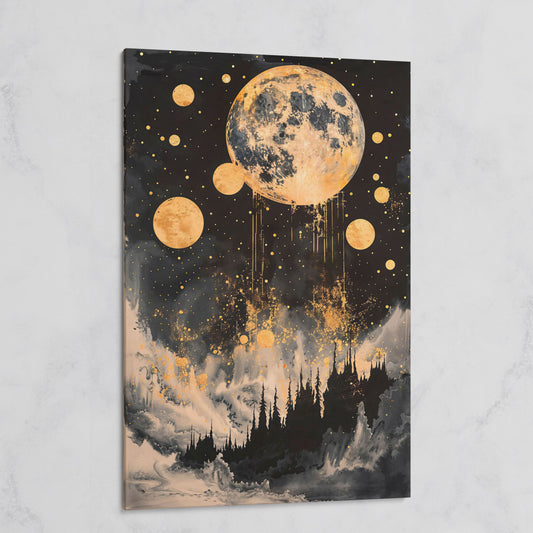 Golden Moon Over Dark Forest. Mystical Night Sky Canvas Art on gallery wrap
