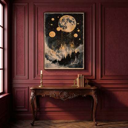 Golden Moon Over Dark Forest. Mystical Night Sky Canvas Art in dark walnut floating frame