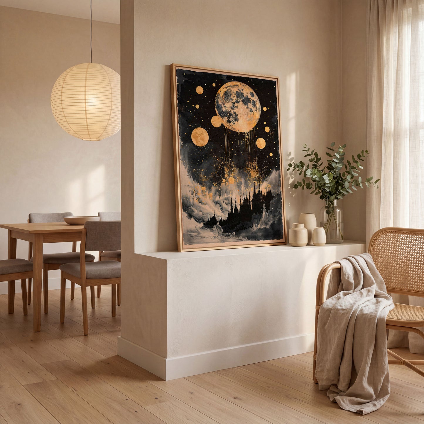 Golden Moon Over Dark Forest. Mystical Night Sky Canvas Art in white oak floating frame