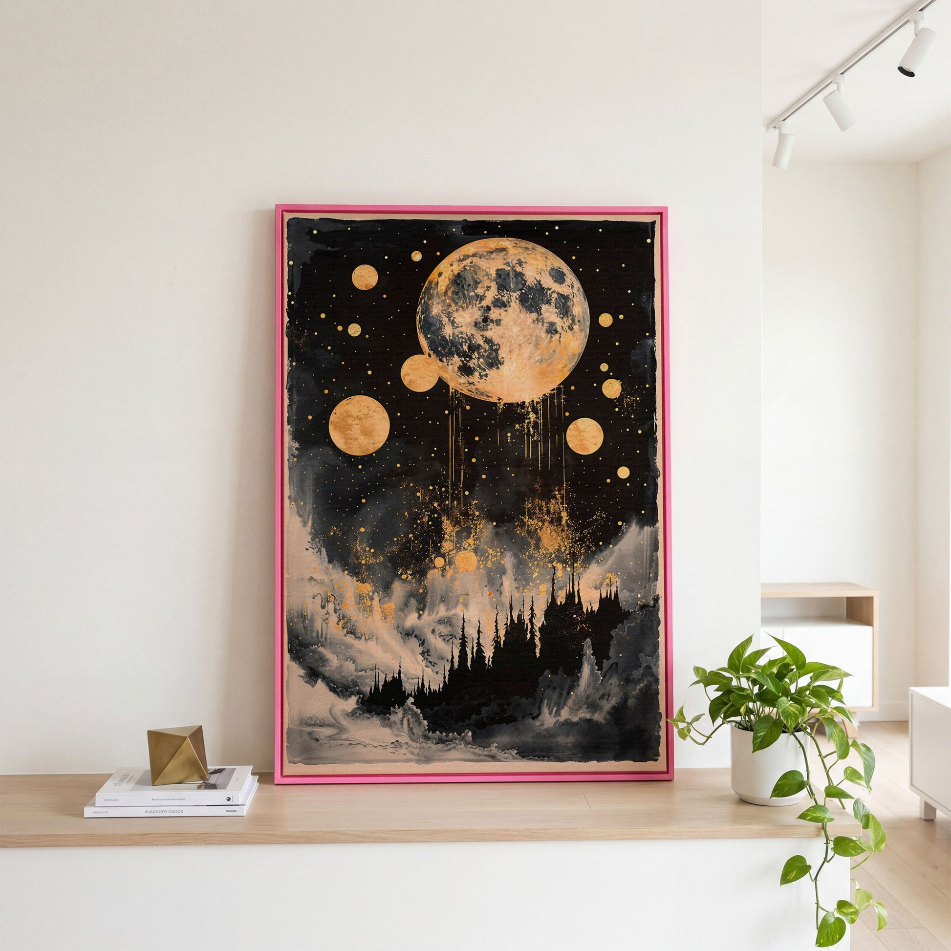 Golden Moon Over Dark Forest. Mystical Night Sky Canvas Art in pink floating frame
