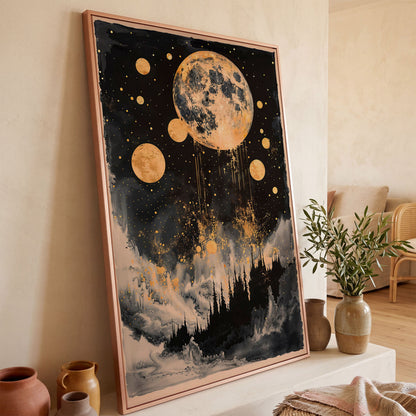 Golden Moon Over Dark Forest. Mystical Night Sky Canvas Art in rose gold floating frame
