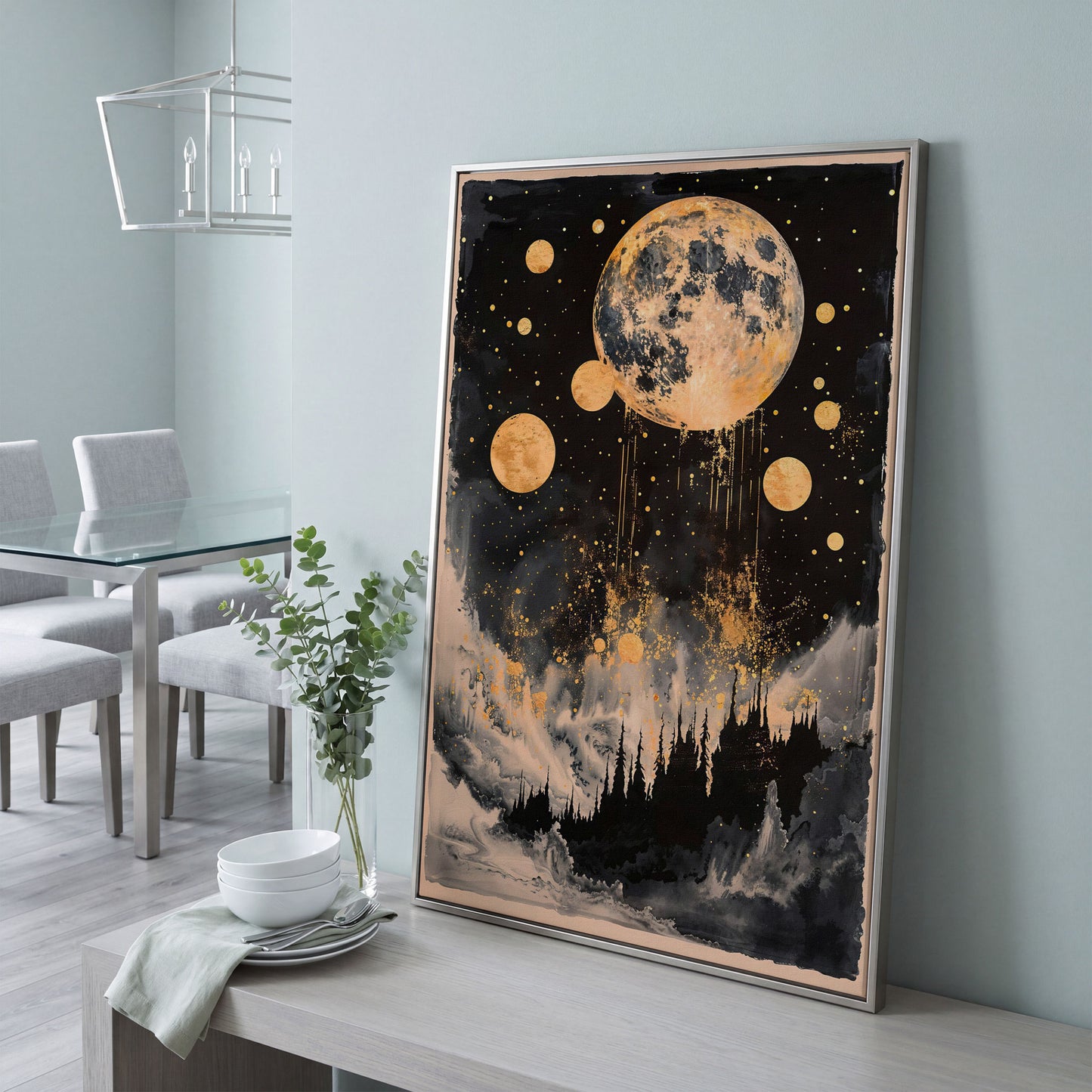 Golden Moon Over Dark Forest. Mystical Night Sky Canvas Art in silver floating frame