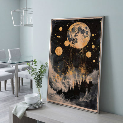 Golden Moon Over Dark Forest. Mystical Night Sky Canvas Art in silver floating frame