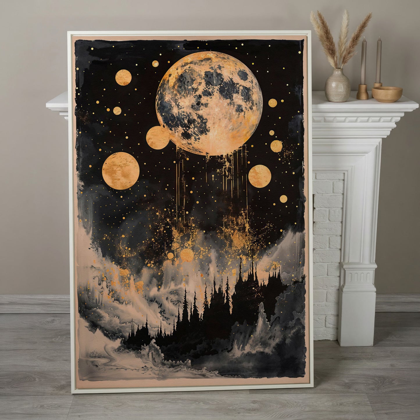 Golden Moon Over Dark Forest. Mystical Night Sky Canvas Art in white floating frame