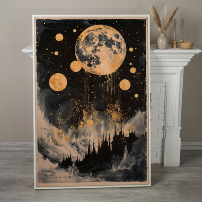 Golden Moon Over Dark Forest. Mystical Night Sky Canvas Art in white floating frame