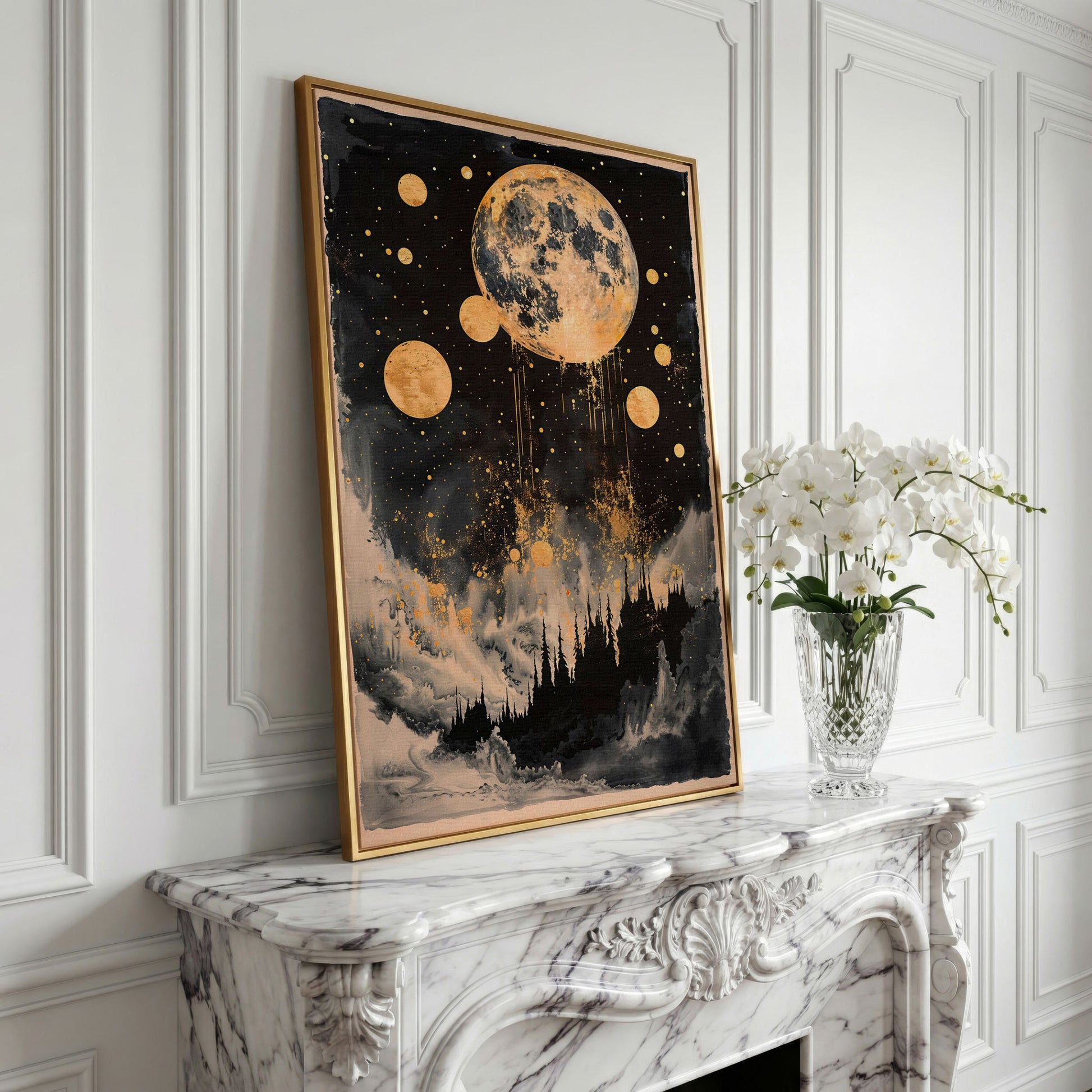 Golden Moon Over Dark Forest. Mystical Night Sky Canvas Art in yellow gold floating frame
