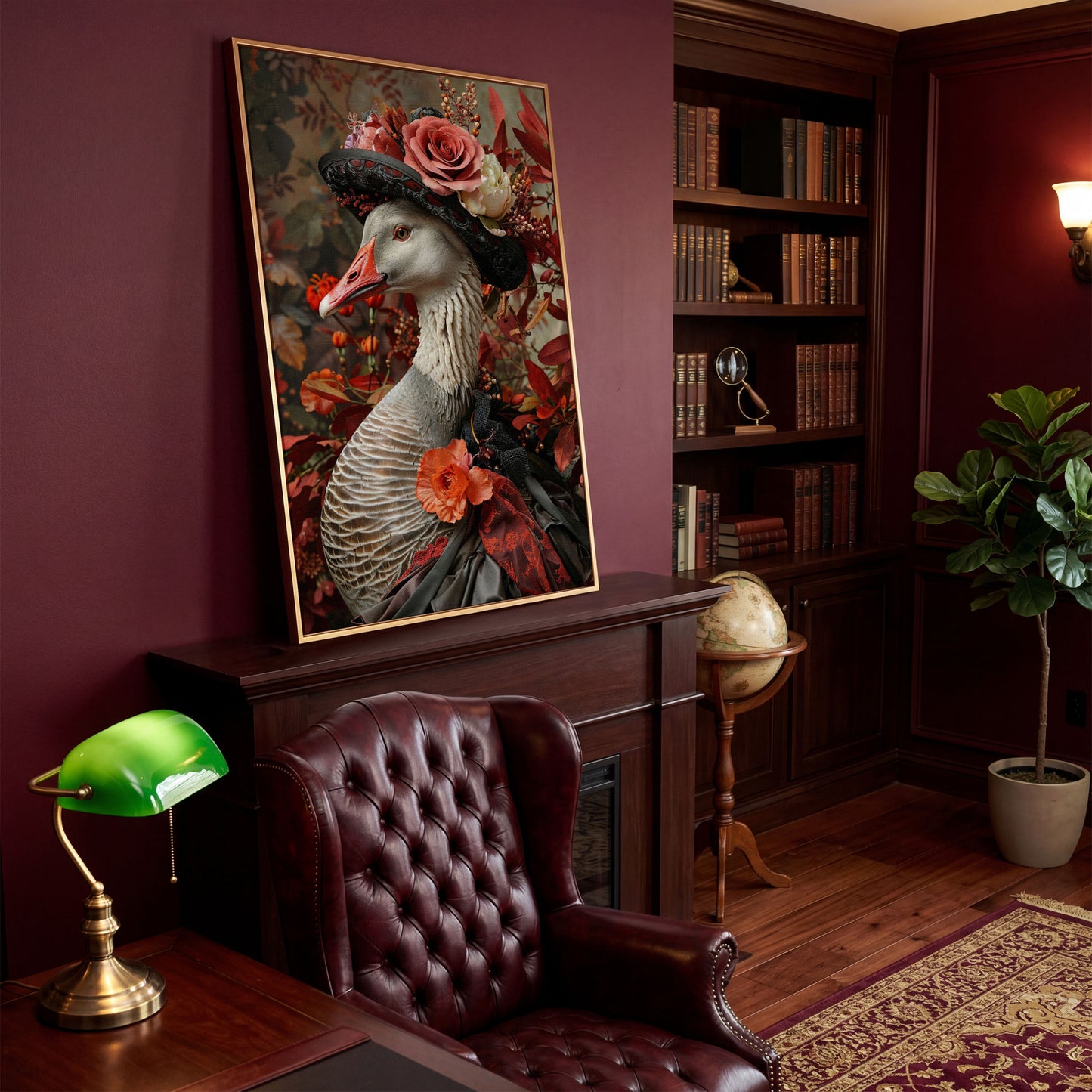 Victorian Goose in Floral Hat Canvas Wall Art in antique gold floating frame