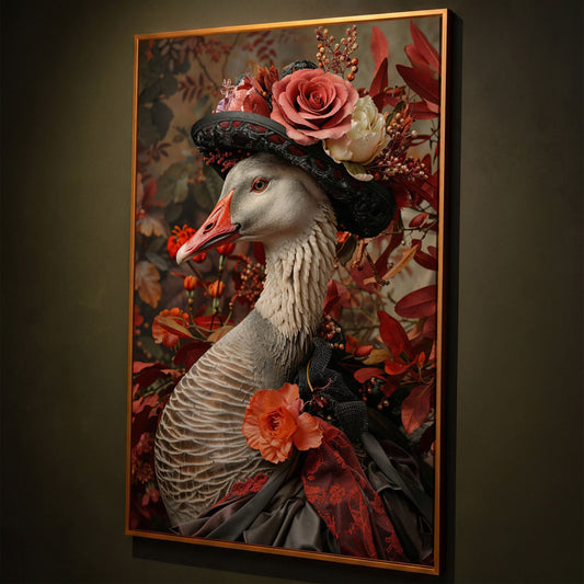 Victorian Goose in Floral Hat Canvas Wall Art shown in antique gold floating frame