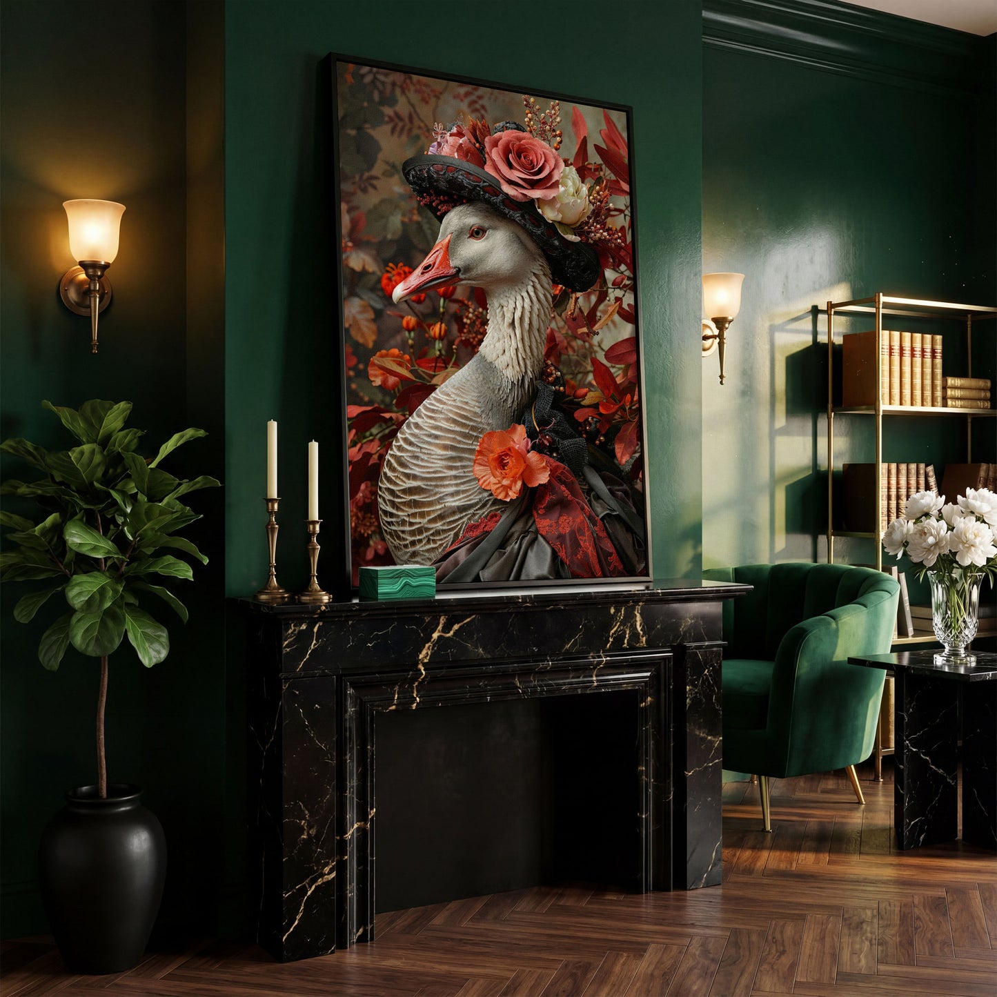 Victorian Goose in Floral Hat Canvas Wall Art in black floating frame