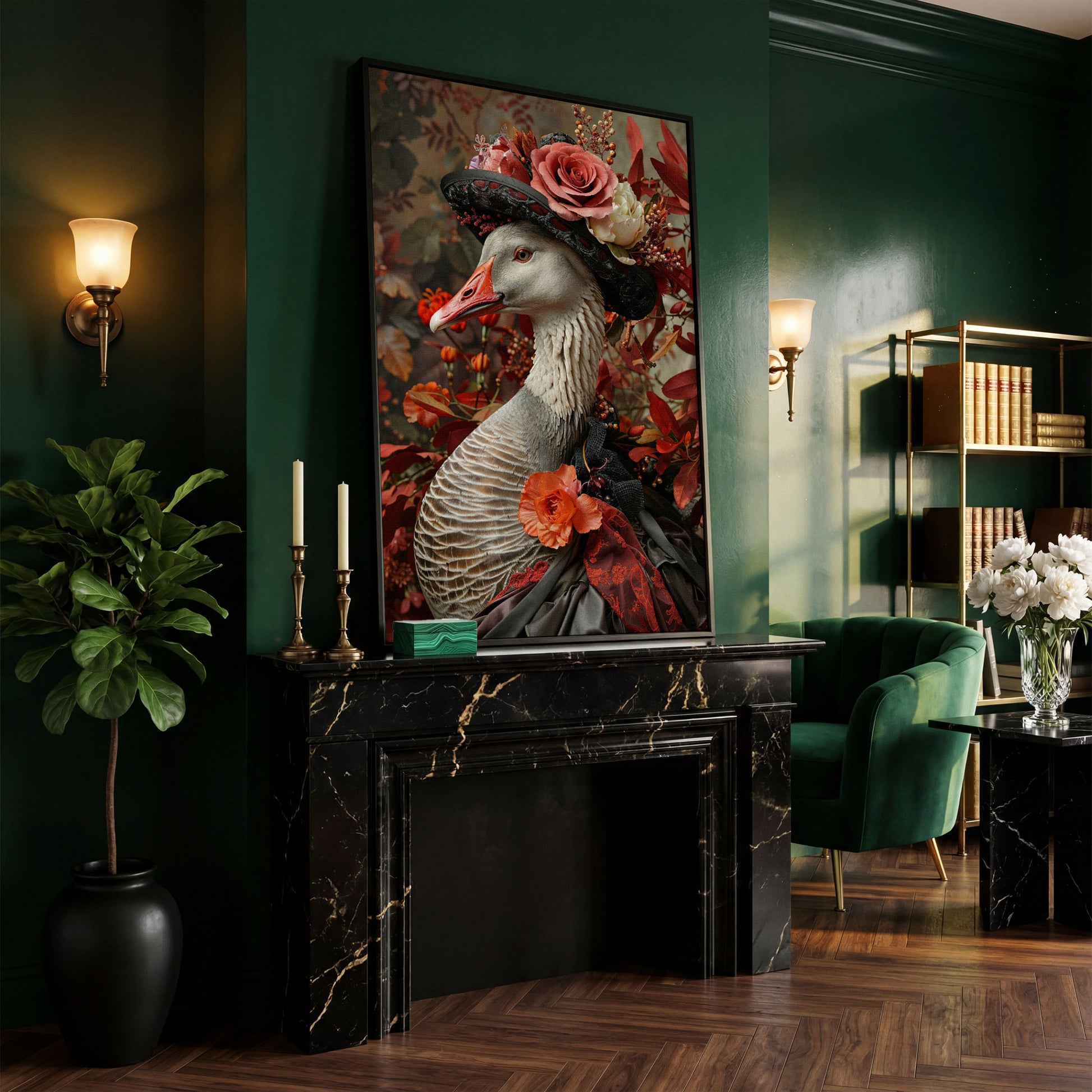 Victorian Goose in Floral Hat Canvas Wall Art in black floating frame