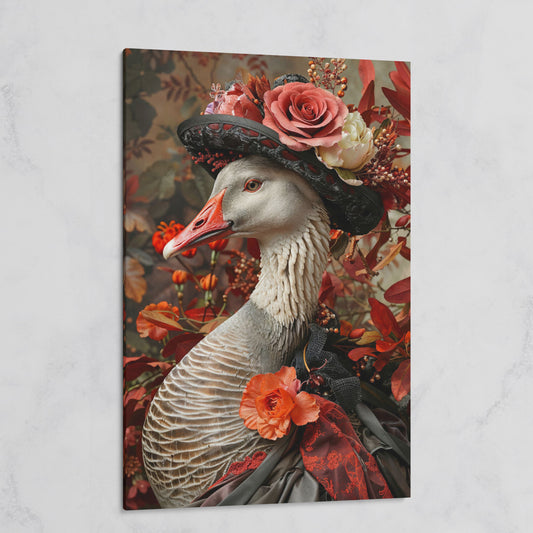 Victorian Goose in Floral Hat Canvas Wall Art on gallery wrap