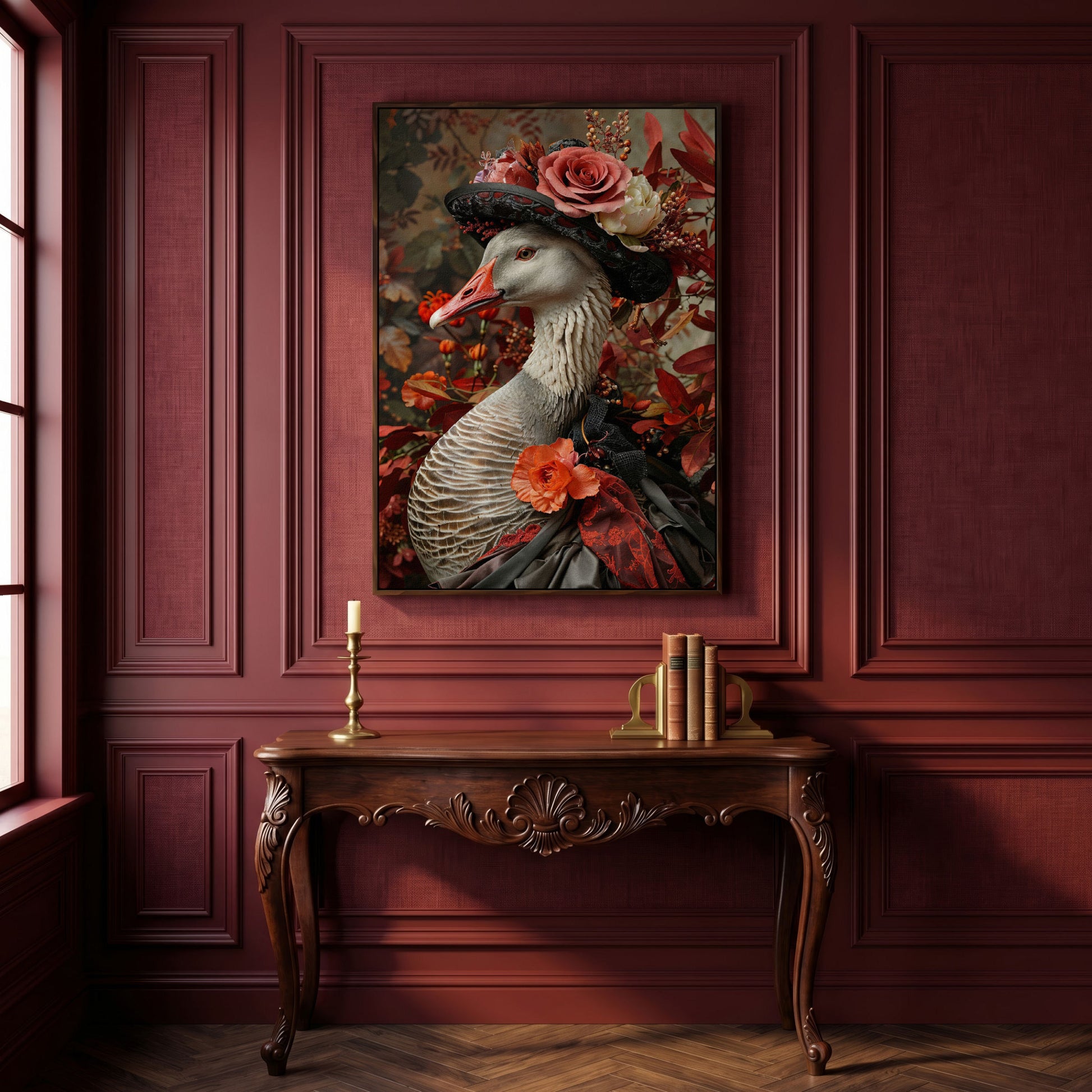 Victorian Goose in Floral Hat Canvas Wall Art in dark walnut floating frame