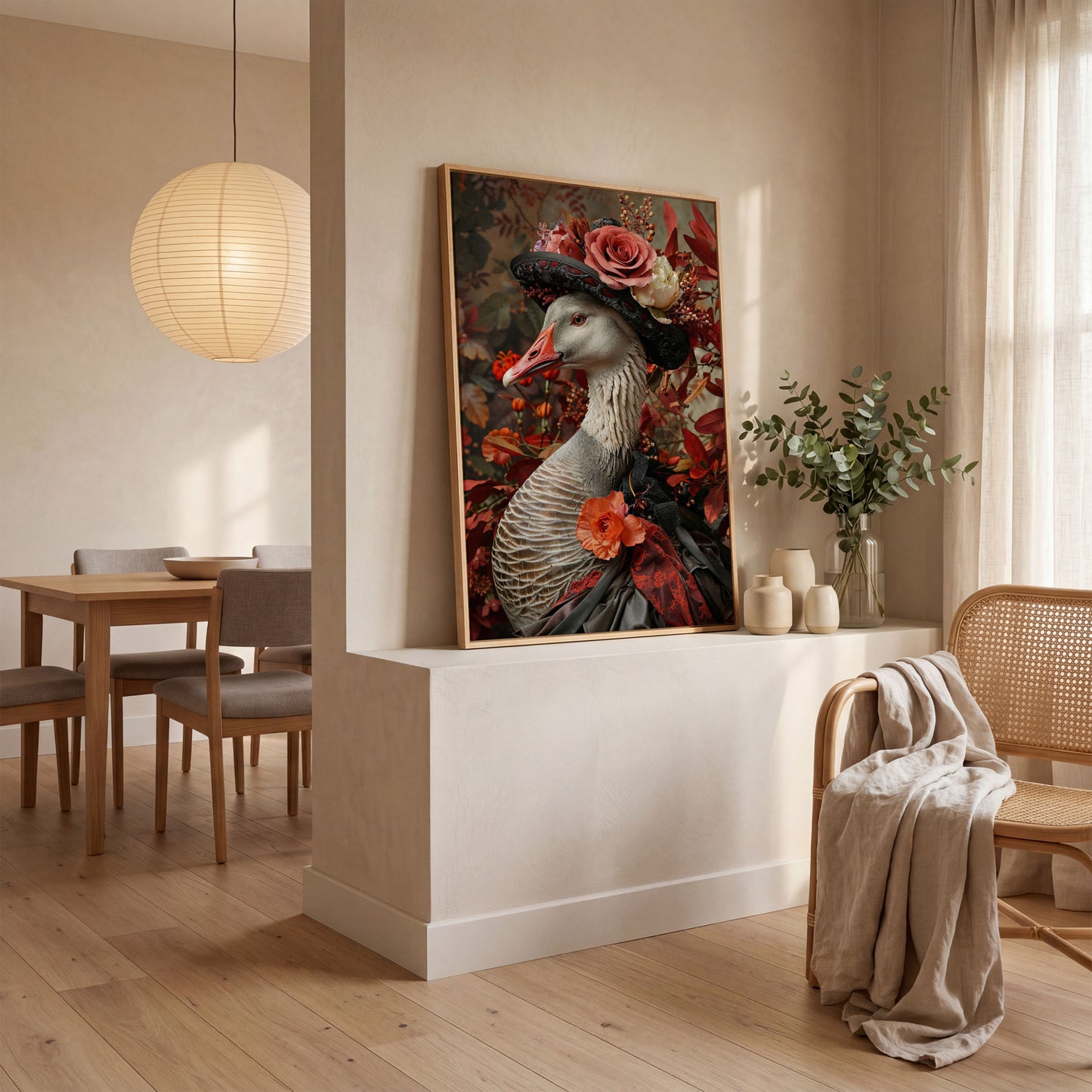 Victorian Goose in Floral Hat Canvas Wall Art in white oak floating frame