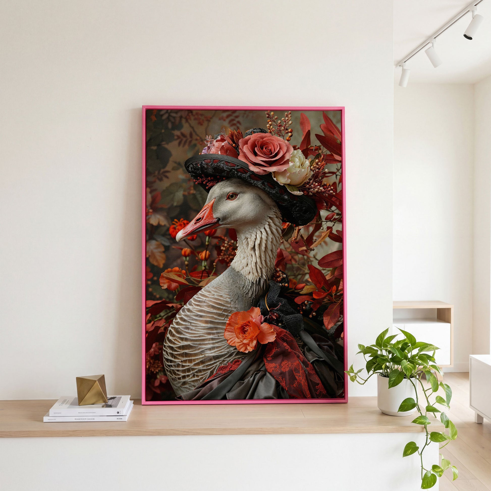 Victorian Goose in Floral Hat Canvas Wall Art in pink floating frame