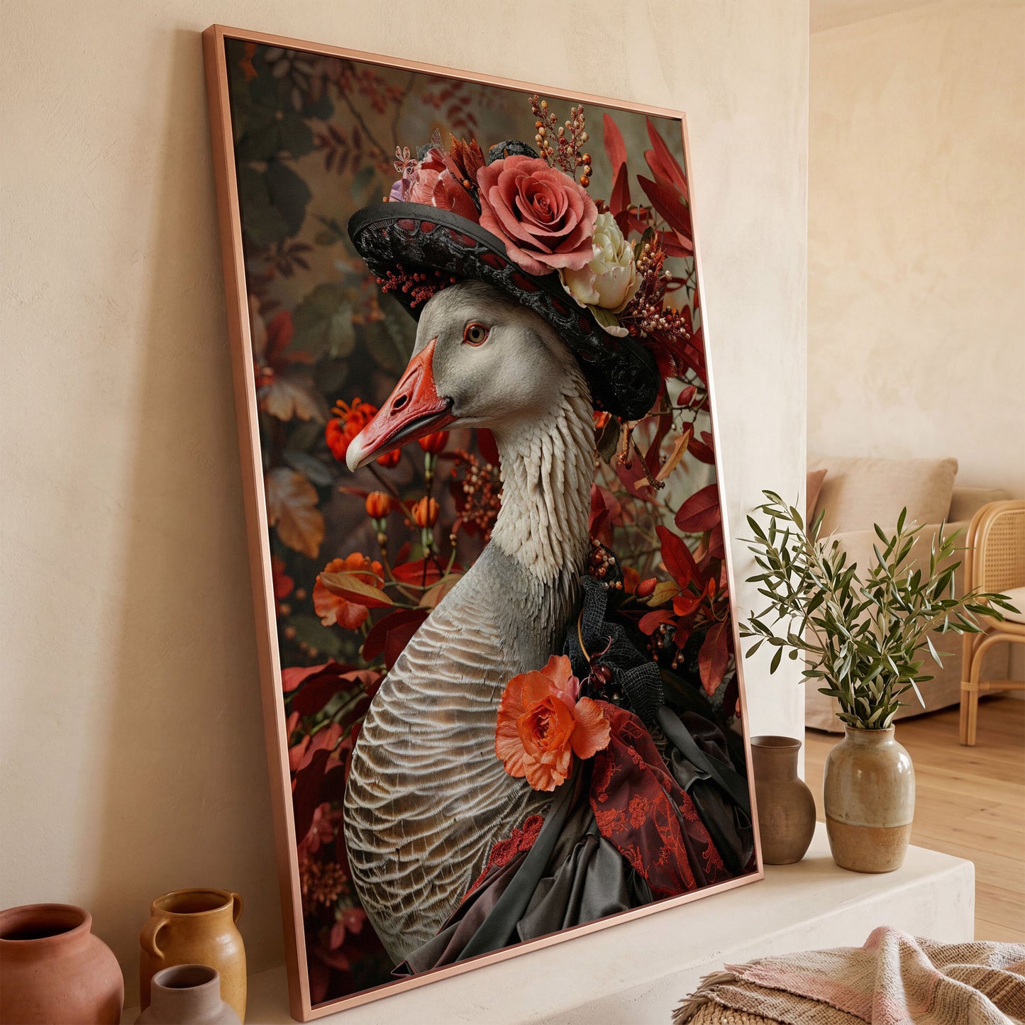 Victorian Goose in Floral Hat Canvas Wall Art in rose gold floating frame