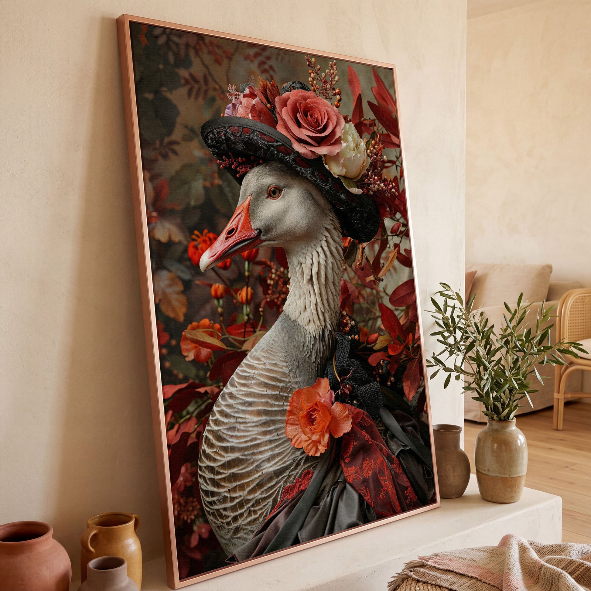Victorian Goose in Floral Hat Canvas Wall Art in rose gold floating frame