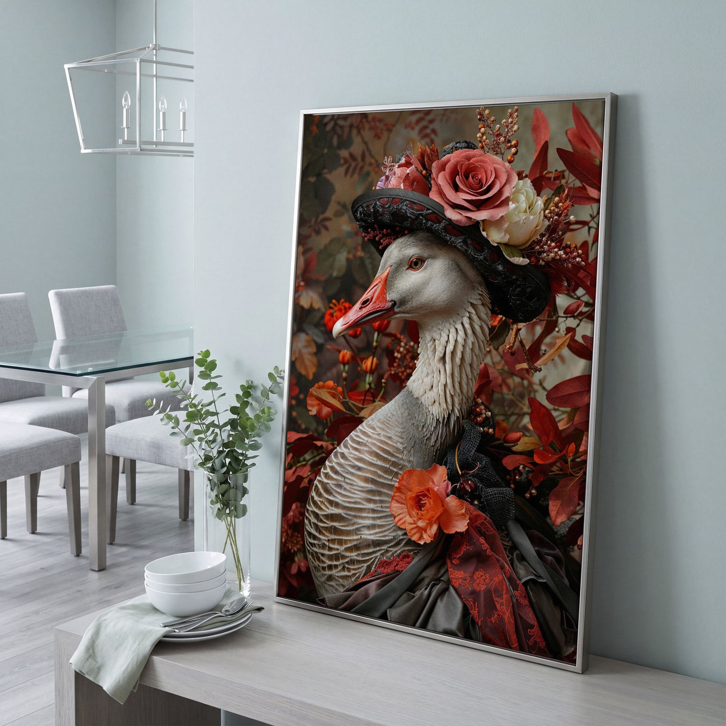 Victorian Goose in Floral Hat Canvas Wall Art in silver floating frame