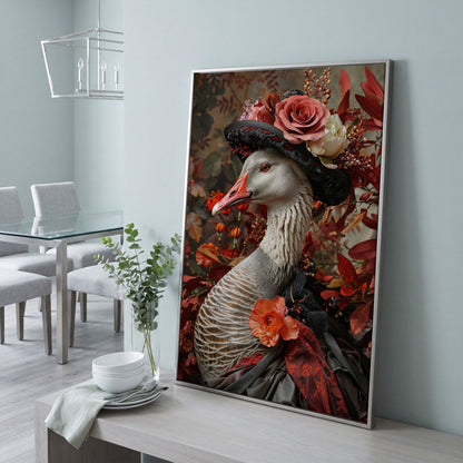 Victorian Goose in Floral Hat Canvas Wall Art in silver floating frame