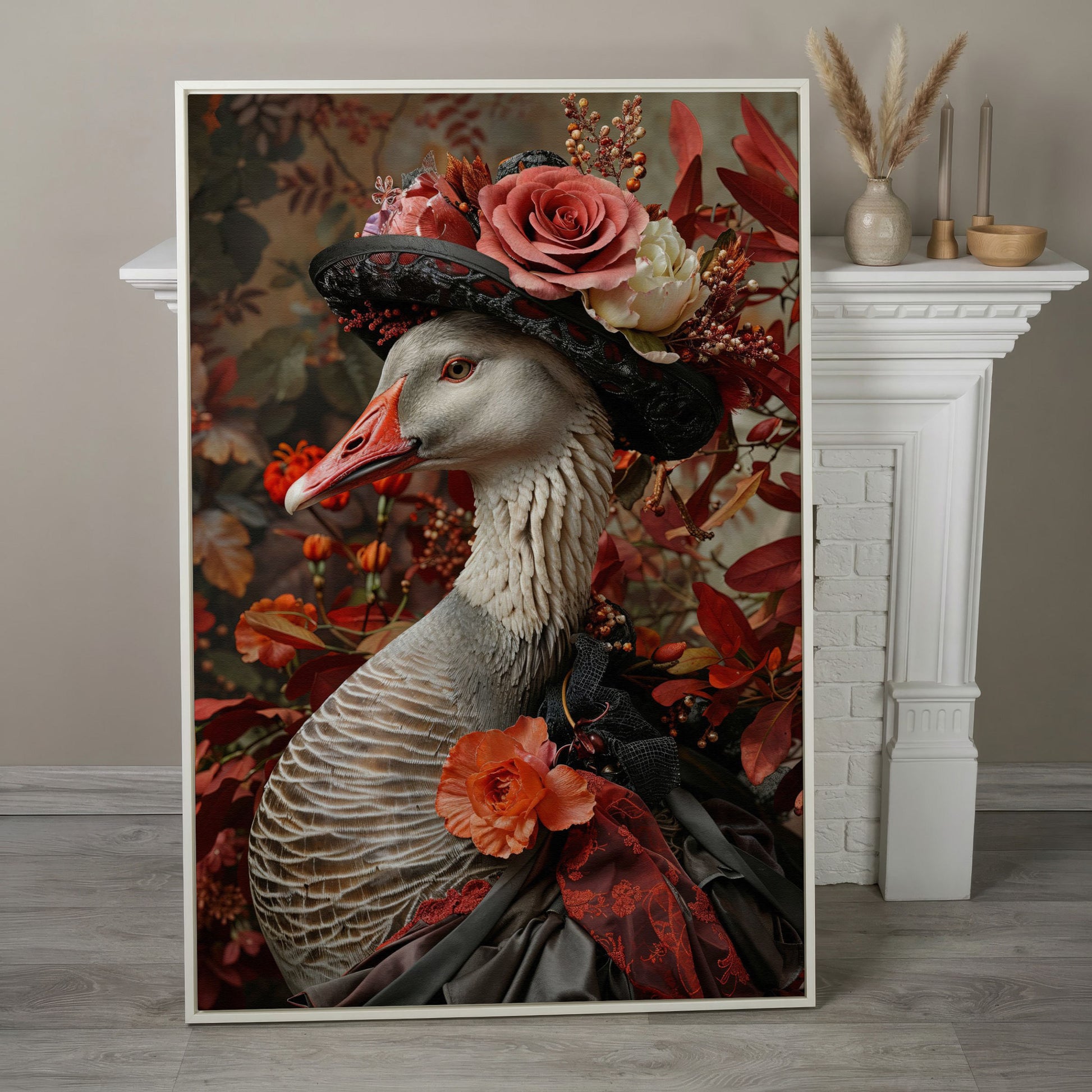Victorian Goose in Floral Hat Canvas Wall Art in white floating frame