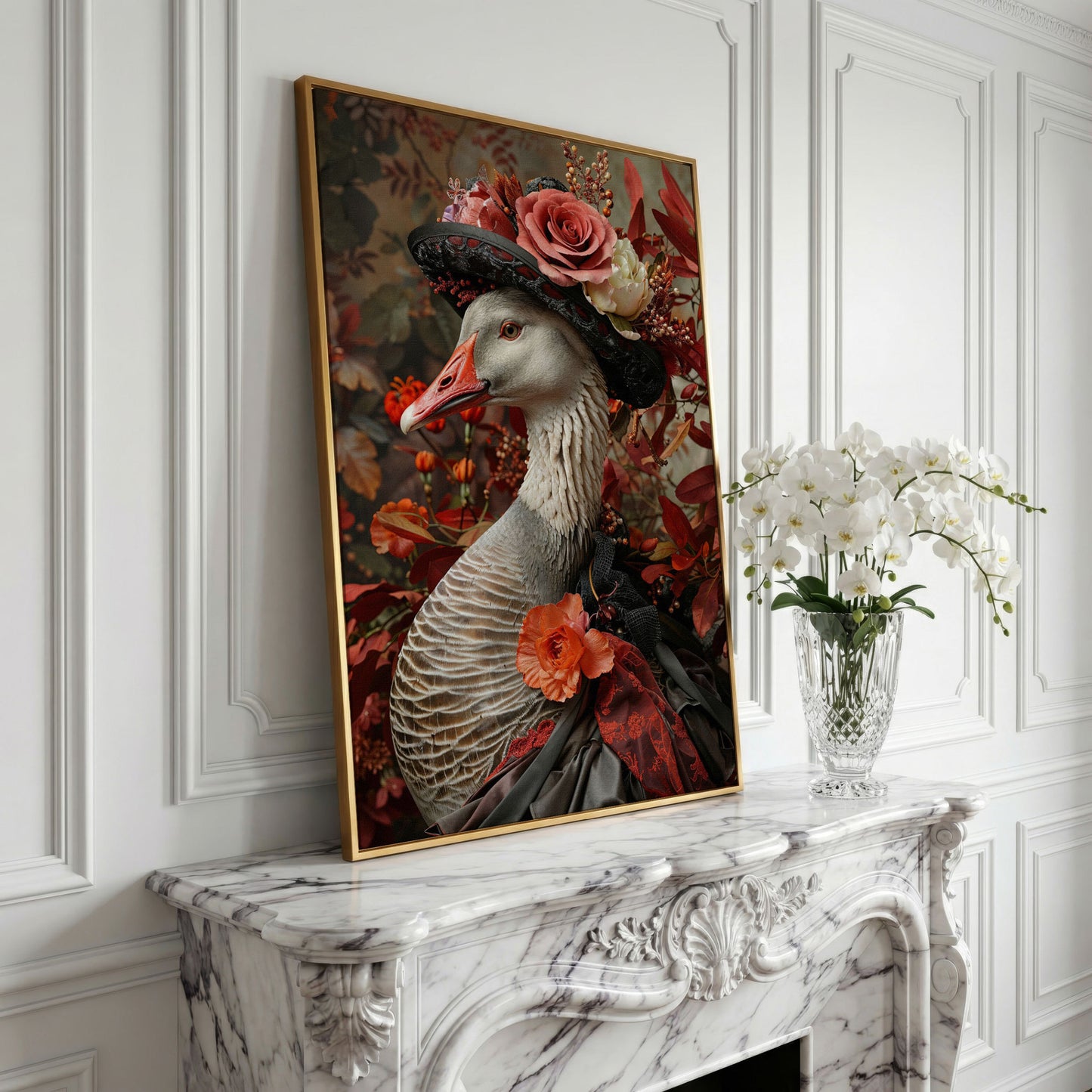 Victorian Goose in Floral Hat Canvas Wall Art in yellow gold floating frame
