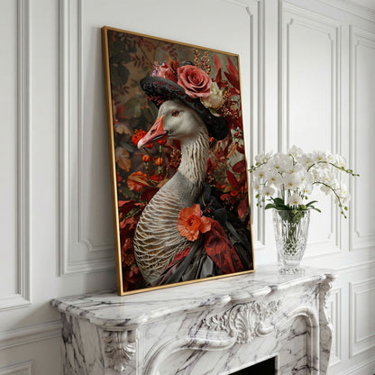 Victorian Goose in Floral Hat Canvas Wall Art in yellow gold floating frame